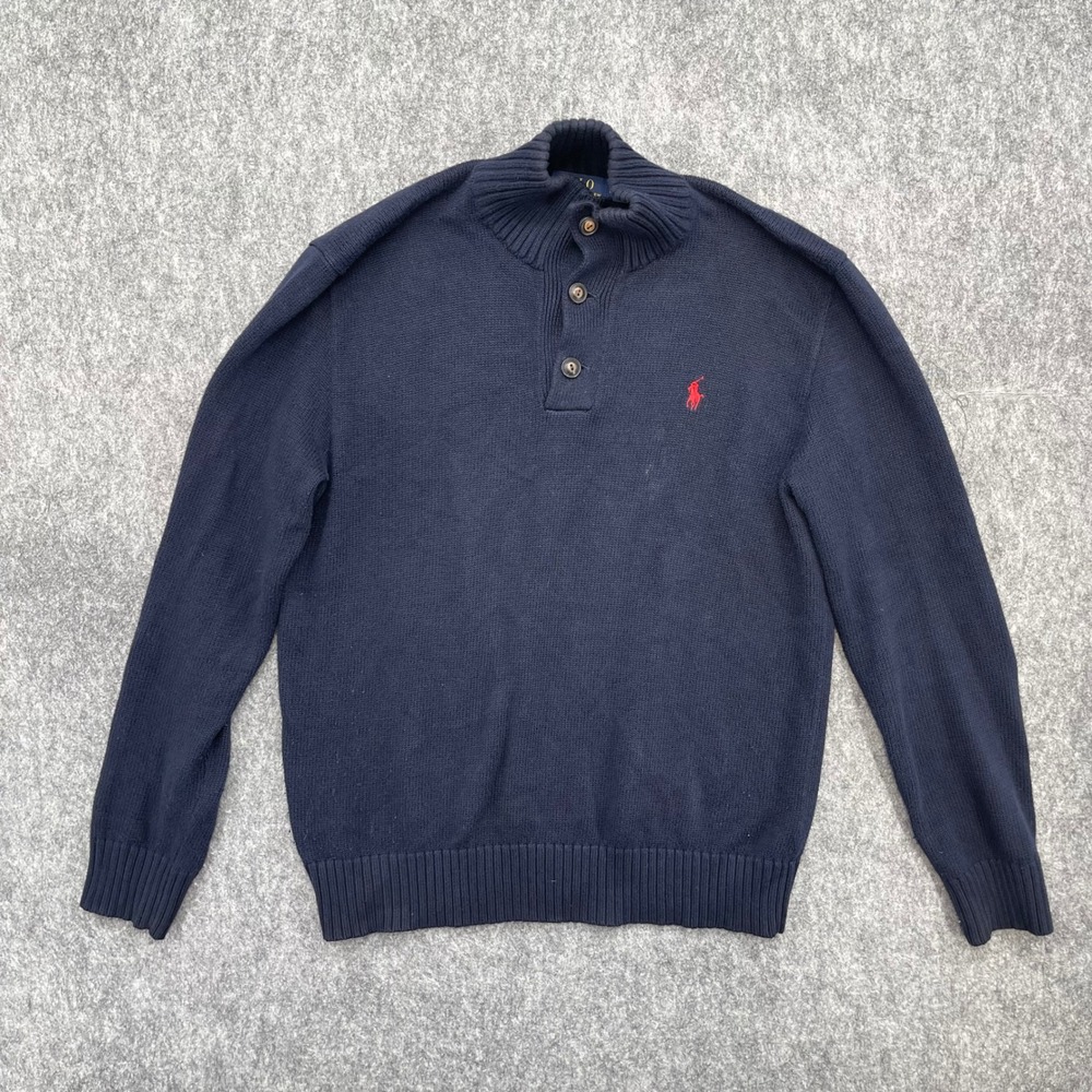 Polo Ralph Lauren Sweater Men Medium Navy Blue Mock Neck 3-Button